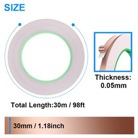 Youmile Double-Sided Conductive Copper Foil Tape (30mm/1.18inch x 30m/98ft) 0.05mm Thickness for Guitar,Electrical Repairs,Soldering with 1.5m/16ft Measuring Tape