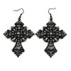 Statement Large Victorian Style Hematite Crystal Cross Drop Earrings/Black Tone/