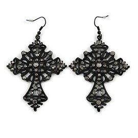 Statement Large Victorian Style Hematite Crystal Cross Drop Earrings/Black Tone/ 80mm L