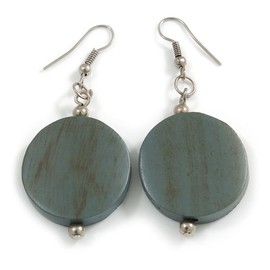 55mm Long/Antique Grey Painted Wood Coin Drop Earrings/Lightweight