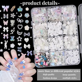 editTime Mixed Style Fashion 3D Nail Art Charms Kit Resin Camellia Rose Flower Butterfly Bow Moon Heart Bear Snake Hollow Pearl with Rhinestones and Soft Slice (White)