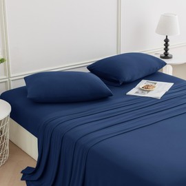 N&Y HOME StretchSnug Sheets Set King Size - Stretchy Sheets Deep Pockets, No Slip Stay on Bed, Firm & Tight with Corner Straps - 4 Piece Sets, Navy, King/Cal King