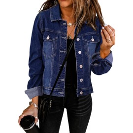 GRAPENT Women's Casual Basic Button Down Long Sleeve Stretchy Jean Trucker Denim Jacket with Pockets Insignia Blue Color Size Large US 12-14