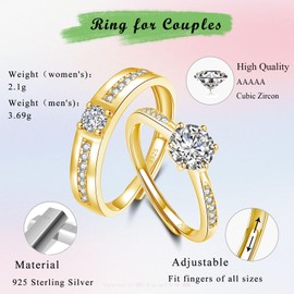 Kamise Silver Couple Rings for Women/Men, 2PCS 925 Sterling Silver Matching Wedding Anniversary Rings Set, Adjustable Zirconia Engagement Ring, Gold Plated Forever Love Ring for Valentines Birthday