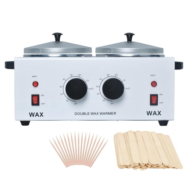 Wax Warmer Double Pot, Professional Electric Wax Heater Machine for Facial, Body, Spa, and Salon, 1.2L Dual Wax Pot Adjustable Temperature with 100 Wooden Craft Sticks,Wax Machine for Hair Removal