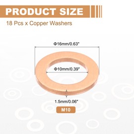 PATIKIL 18PCS M10 Copper Washers, M10x16x1.5mm Copper Crush Washer Metric Flat Washers Sealing Washers Assortment Kit Oil Drain Plug Gasket Ring for Automotive Battery Vehicles Screws Bolt