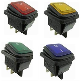 Waterproof IP67 Rocker Switch 2-Pin (4 Pin) On/Off 250 V 16 A, 1 per Colour - Red, Yellow, Green, Blue, Pack of 4