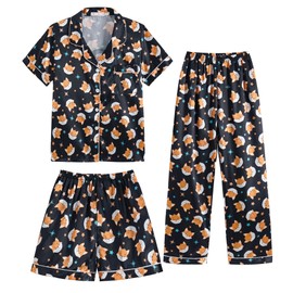 Hupohoi Unisex Girls Boys Kids Pajama Sets Button Down Satin Sleepwear Nighty 3PCS Silky Lounge Sets Nightwear Short Sleeve Long Pants, 3pcs-Fox, 10