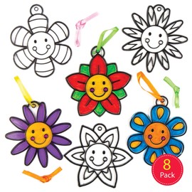 Baker Ross AC770 Smiley Flower Suncatcher Crafts for Kids, Hanging Window Decoration Kit for Children to Paint (Pack of 8), Assorted, 21 x 15 x 2.4 centimetres