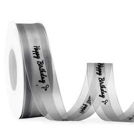 Happy Birthday Ribbon for Gift Wrapping and Crafting - Satin and Organza, 1 Inch, 25 Yards, Silver - Flower Bouquet Accessories