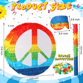 Wettarn 12 Inch Groovy Retro Piñata 60's 70's Hippie Party Rainbow Peace Sign Two Groovy Piñata with Blindfold, Bat, Confetti for Hippie Boho Groovy Flower Birthday Baby Shower Wedding