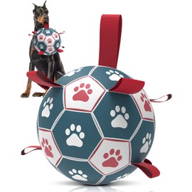 QDAN Dog Toys Soccer Ball with Straps - Durable Dog Balls for Giant Extra Large Dogs, Outdoor Dog Toys, Dog Water Toy, Herding Ball, Dog Birthday Gifts (10 Inch)