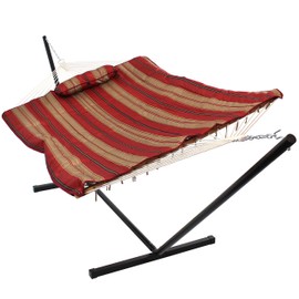 Sunnydaze Rope Hammock with Stand Combo - 275-Pound Capacity - Includes 12-Foot Hammock Stand, Spreader Bar, Pad, and Pillow - Awning Stripe