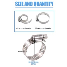 Glarks 20Pcs 304 Stainless Steel Adjustable 18-32MM Range Worm Gear Hose Clamps Assortment Kit, Fuel Line Clamp for Water Pipe, Plumbing, Automotive and Mechanical Application (18-32MM)