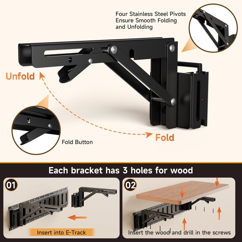 2 Pack E Track Folding Shelf Brackets - 8 Inches