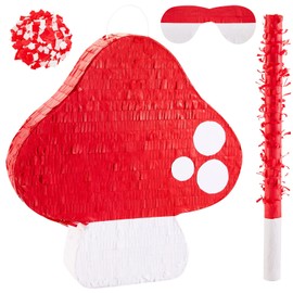 Mushroom Pinata 3D Mushroom Shaped Pinata Mushroom Party Favor with Blindfold Bat Confetti for Forest Jungle Fairy Theme Woodland Birthday Party Baby Shower Garden Decoration, 14.9 x 14.1 x 2.95 Inch