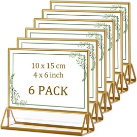 ECOSEAO Gold Picture Frames 10x15 cm 6 Pack Horizontal, Double Sided Acrylic Sign Holder with Gold Border - Clear Vertical Sign Stand Table Number Menu Holders