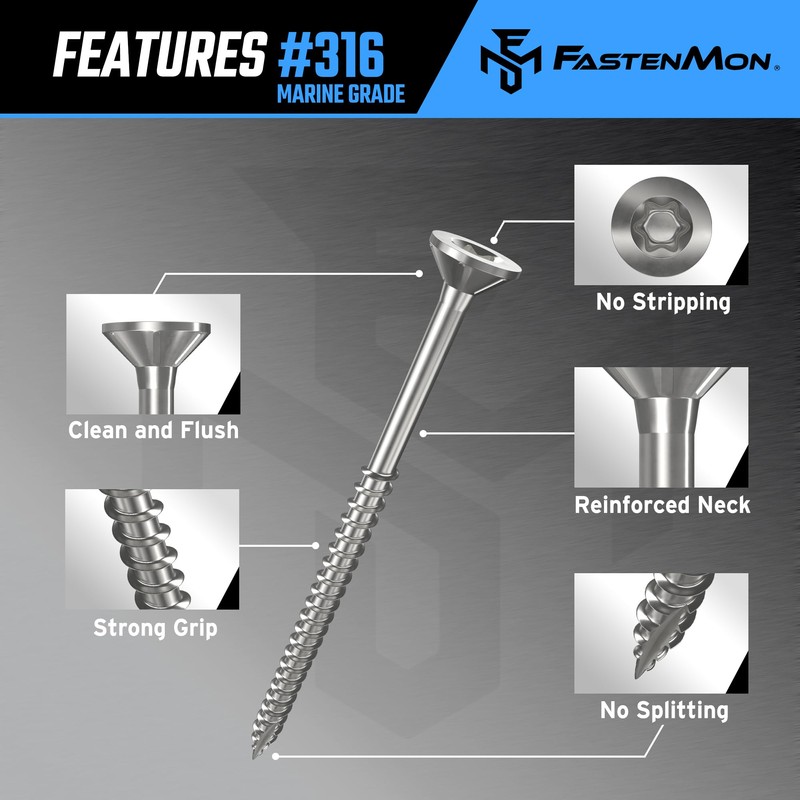 FM FastenMon #8x2 Marine Grade 316 Stainless Steel Deck Screws,