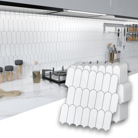 ZRJT 10 Sheet White Peel and Stick Backsplash Tile, 12” x 12” Self Adhesive Glossy Vinyl Wall Tiles Waterproof No Residual for Kitchen Bathroom Fireplace, White with Gray Grout