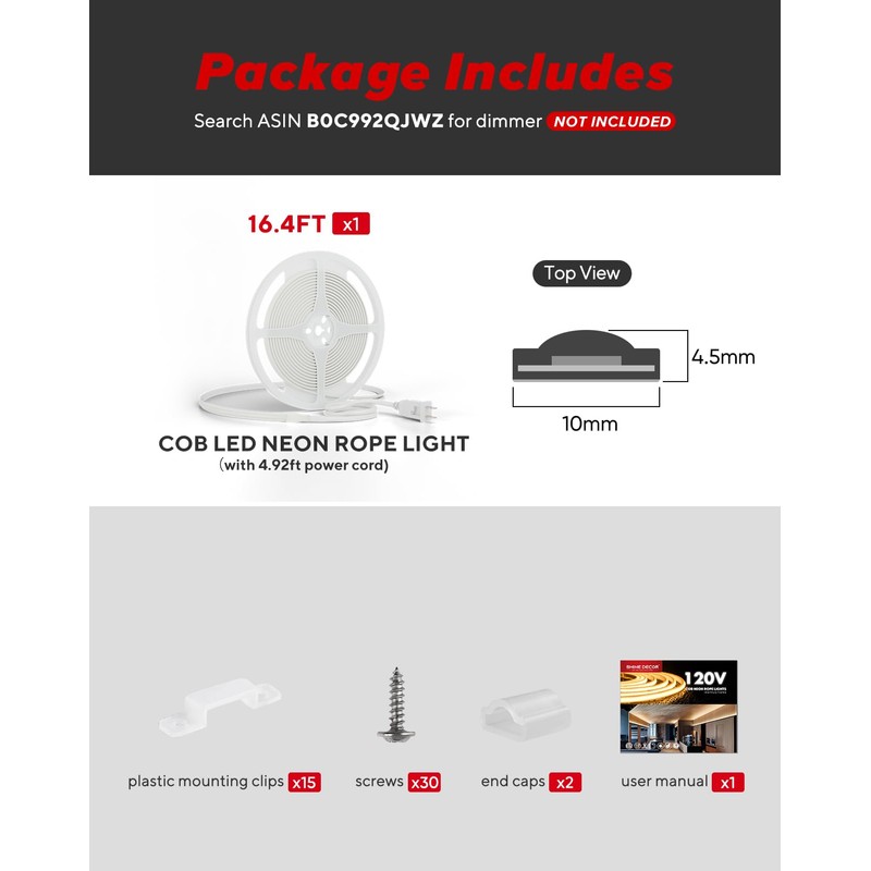 Shine Decor COB LED Rope Light AC 120V, 800lm Ultra