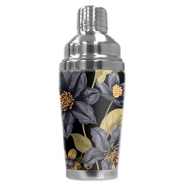 Mugzie 16 Ounce Stainless Steel Cocktail Shaker/Martini Shaker with Wetsuit Cover - Black & Gold Flowers
