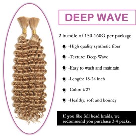 Deep Wave Bulk hair for Braiding Wet and Wavy Micro Braiding No Weft Faux Deep Wave Braiding Hair Extensions for Box Boho Braids 155g with 2 Bundles #27 (22 Inch)