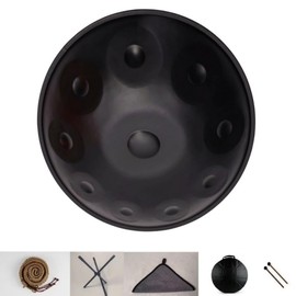 440HZ Tambourine drum in 22inch D Minor 9Notes, 10Notes, 12Notes Steel Tongue Hand Pan Drum instrument with Soft Hand Pan Bag, hand pan Mallet,Hand pan Stand,Dust-free Cloth (Black 10 notes hand pan)