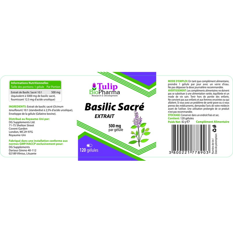Tulsi Holy Basil 5000mg Equivalent (500mg of 10:1 Extract) 120