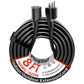 PlugSaf Black Outdoor Extension Cord 8 ft 16/3 Gauge Waterproof, Cold Weatherproof -58°F, Flame Retardant, Flexible 3 Prong Heavy Duty Electric Cord for Lawn Office,13A 1625W 16AWG SJTW, ETL Listed