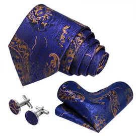 Kerfado Blue Paisley Tie and Pocket Square for Men, Silk Necktie and Handkerchief Cufflinks with Gold Ring and Lapel Pin Set