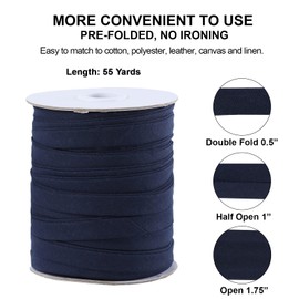 Bias Tape Double Fold 1/2 inch, Double Fold Bias Binding Tape 55 Yards (Navy Blue) and 4 Pieces Sewing Fabric Chalks for Crafts, Sewing, Seaming, Hemming, Piping, Quilting.