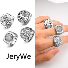 JeryWe 4Pcs Men's Rings Band Signet Stainless Steel Wide Rings for Men Women Band Tree of Life Ring Set Vintage Gothic Black Retro Ring for Men 11