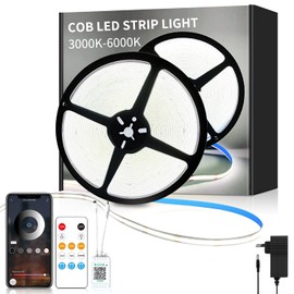 Yeewhale 10 m Dimmable COB LED Strip 6000 K White 24 V Flexible COB LED Strip Set, App Control with Remote Control, Bright Under-Unit Cob LED Strip for Home Party DIY Decoration