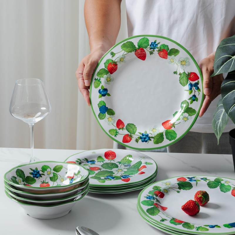 LEHAHA Strawberry Melamine Dinnerware Sets-12pcs Plates and Bowls Set, Lightweight/Unbreakable