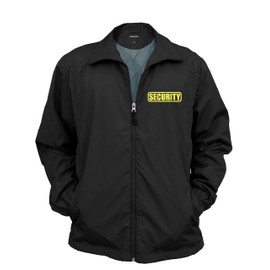 Security Zipped up Windbreaker in Black with Yellow/Reflective Decorations Front and Back