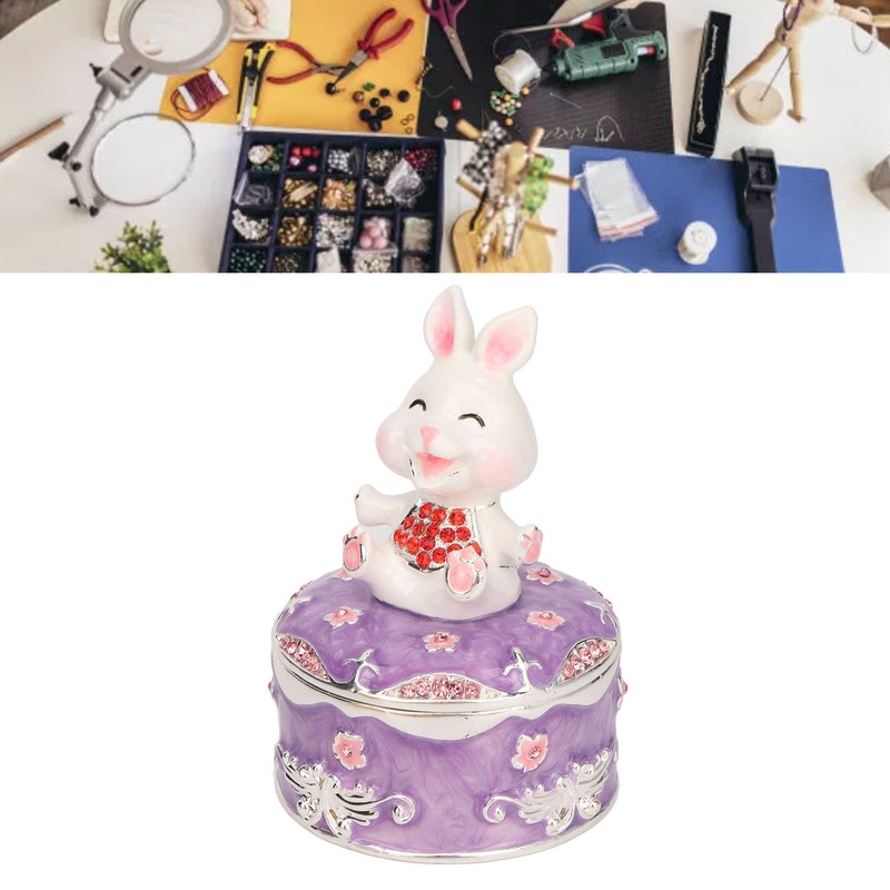Rabbit Figurine Trinket Boxes Hand Painted Rhinestones Small Jewelry Box