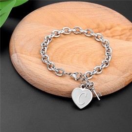 Bracelets for Women Heart Initial Charm - Engraved Letter C Initial Bracelet Heart Charm Stainless Steel Dainty 26 Letters Alphabet Bracelet Adjustable Birthday Jewelry Gifts for Women Teen Girls