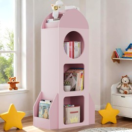 Arlopu 3-Tier Kids Bookshelf and Toy Storage, Rocket Baby Cabinet with Side Shelves, Wood Open Toddler Bookcase, Spacious Display Organizer for Children Playroom, Bedroom, Nursery, School (Pink)