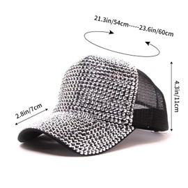Women Men Studded Rhinestone Baseball Cap Adjustable Bling Ponytail Mesh Sun Hat Casual Sports Silver