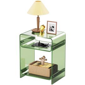 Acrylic End Table Record Player Table with Storage Shelf Clear Side Table Nightstand (15.7x19.7x11.8) (Green)