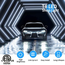 (Pack of 4) Linkable LED Utility Shop Lights for Garage, 6FT, 60W, LED Tube Ceiling Light T8 Integrated Single Fixture, 6000K, 8000LM Daylight V Shape, Basement, Offices, Clear Lens, Plug and Play