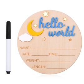 Wooden Hello World Newborn Sign, Cute Birth Announcement Board Baby Announcement Sign Newborn Welcome Sign Baby Name Plaque for Nursery Hospital Girl Boy Baby Shower Photo Props(Sky Blue)