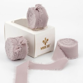 MEEDEE Dusty Rose Chiffon Ribbon - 1 Inch Fringe, Pink Silk, Frayed Edge - Thin Ribbons for Crafts, Gift Wrapping, Wedding Invitations (3 Rolls, 21 Yards)
