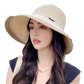 ARSZHORSVS Women's UV Protection Hat, Wide Brim, Face Slimming, Chin Strap, Breathable, Sun Protection, Portable, Adjustable Size, Collapsible, Beautiful Silhouette, Actress Hat, Outdoor, Bicycle, Travel, Spring and Summer, cream