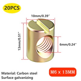 Qrity Pack of 20 Slot Nuts, Barrel Nut Cylinder Nut, M6 x 13 mm Barrel Nuts, Barrel Nuts for Furniture Crib Chairs