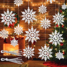 Whaline 54Pcs Christmas Glitter Snowflake 3 Sizes Silver Winter Snowflake Ornament Christmas Hanging Decoration with String for Xmas Tree Wedding Birthday Baby Shower Window Door Accessories