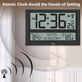 WallarGe Extra Large Atomic Clock with Indoor Outdoor Temperature, Ultra Clear 4.5'' Numbers Display with Auto DST, 4 Time Zones, Date and Day Display, Battery Operated
