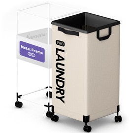 Caroeas Next-Gen 105L Matel Frame Laundry Basket with wheels, Heavy Duty Tall Rolling Laundry Hamper with Removable Wash Bag, Collapsible Freestanding Clothes Hamper (100L,Beige,1Pack)
