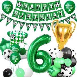 Football 6th Birthday Party Decorations - Green Soccer Theme for Boy Girl Happy Birthdy Banner Bunting Decor, Number Trophy Football Shirt Foil Balloons Kids Sports Party Supplies