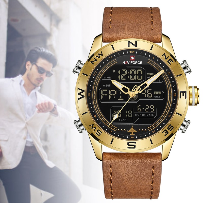 NAVIFORCE Male PU Band Quartz Electronic Watch Waterproof Sports Wristwatch(Gold)